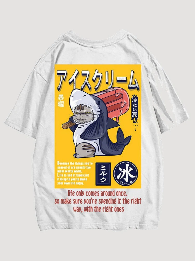 Japanese Shirt Cat and Shark Pattern 'Oishii' - Image 2