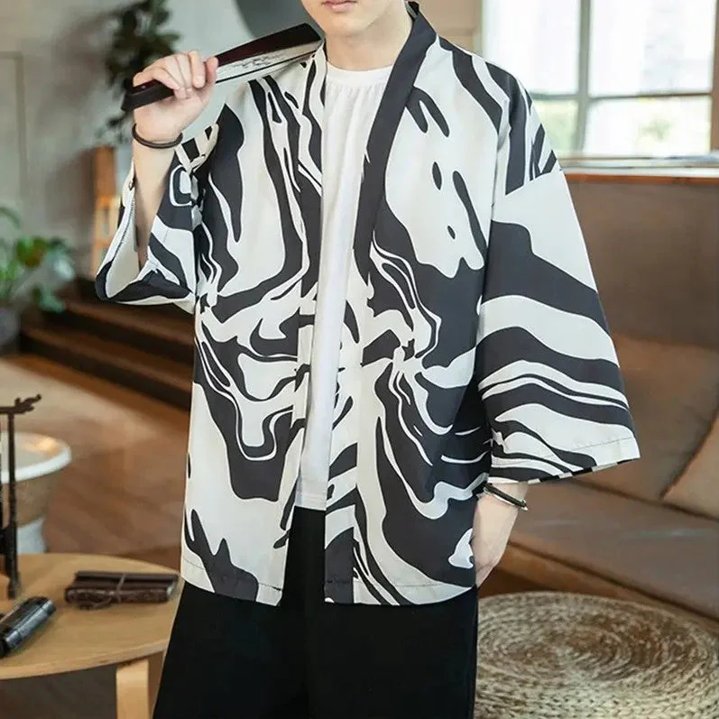 Mens Black and White Kimono Jacket 'Hamamatsu' - Image 2