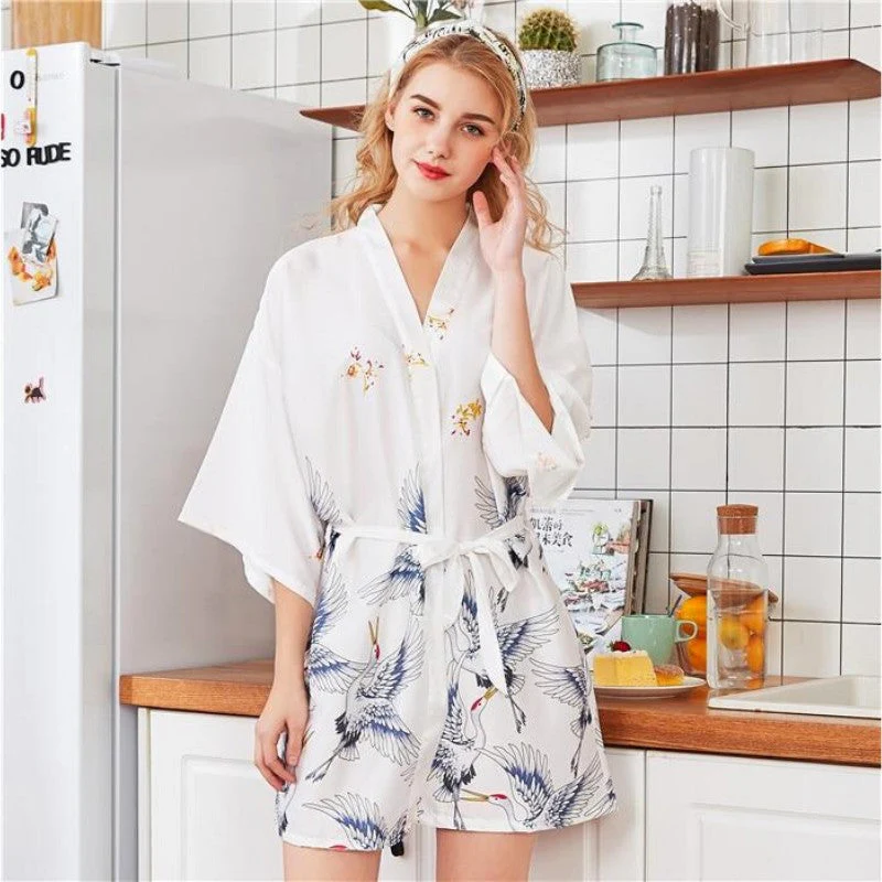 White Kimono Style Japanese Pajamas - Image 2